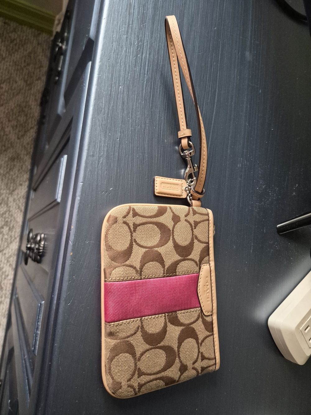 Coach Brown Signature Wristlet Phone Case with Pink Stripe